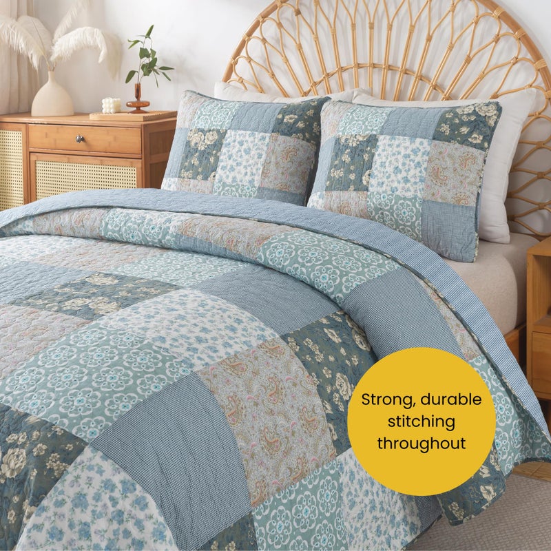 SLPR Wildflowers Cotton Quilt Set - Twin Size with 1 Sham, Blue Gray Floral Pieced Patchwork Design, Country Quilted Bedspread with Flower Pattern, Cottage Style Bedding for All Seasons - Image 4